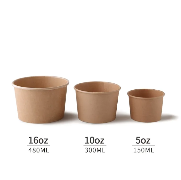 Factory Wholesale Food Grade Safety Eco-Friendly Customized Printing Kraft Paper Salad Packing Bowl PE Coating Soup Cup with Pet Lid