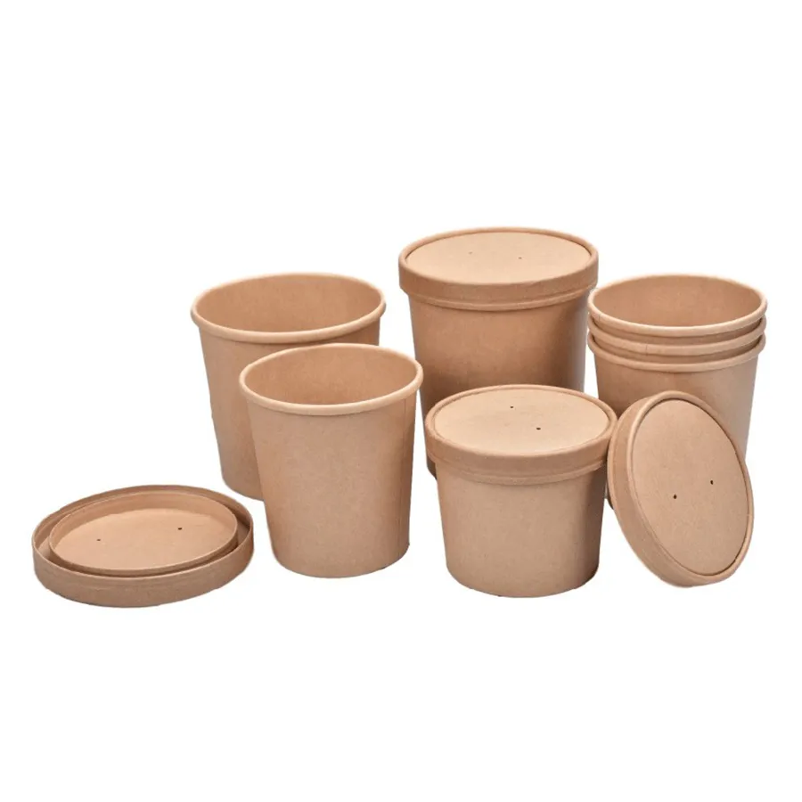 Wholesale Food Grade Disposable Eco-Friendly Customized Printing PE Coating Soup Cup Kraft Cardboard Paper Salad Food Packaging Bowl with Pet Lid