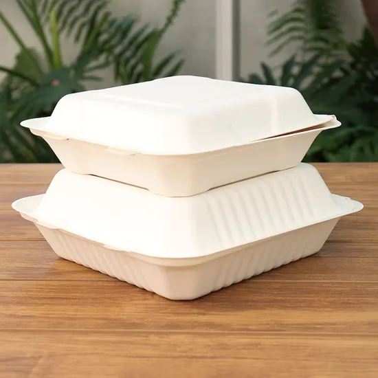Custom Biodegradable Sugarcane Bagasse Microwaveable Clamshell 6X6 8X8 9X9 9X6 Inch Mealfood Packaqing Container Lunch Box