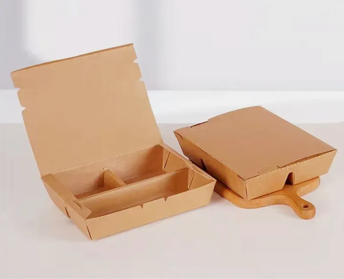 Disposable Take Away Package Snack Container Kraft Lunch Paper Box Restaurant Salad Box for Fast Food with Slots