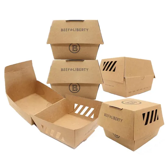 Eco Friendly Brand Design Takeaway Fast Food Packaging Burger Box Square Kraft Corrugated Paper Burger Hamburger Box