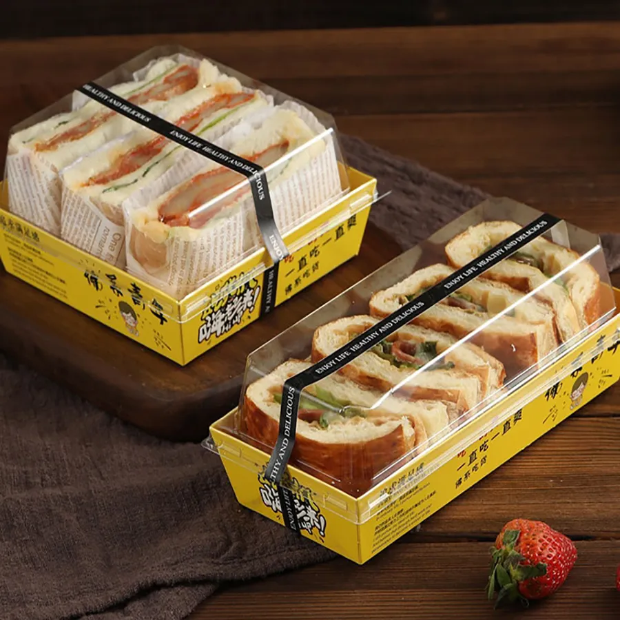 Wholesale Custom Food Grade Kraft Sandwich Packaging Box with Clear Pet Lid Sandwich Wrapping Box