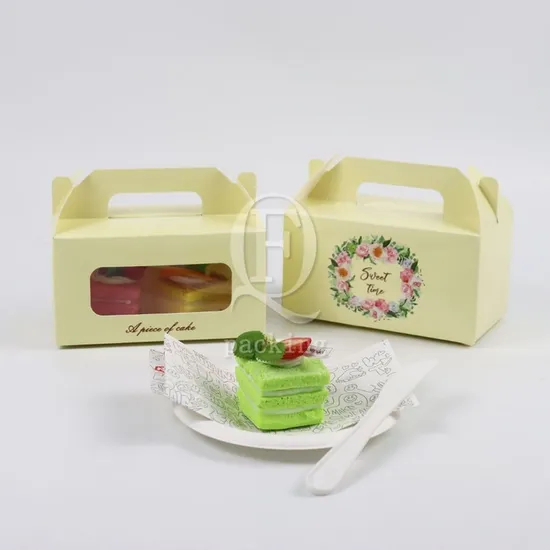 Factory Wholesale Customized Transparent Window Printed Logo Size Food Grade Doughnut Disposable Bakery Packaging Macaron Paper Cake Cardboard Box with Handle